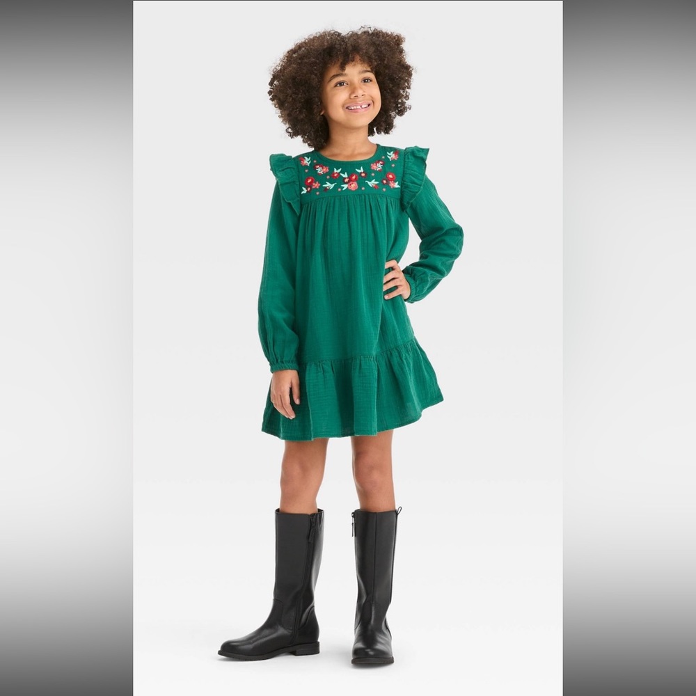 Cat & Jack™ Girls' Long Sleeve Woven Floral Dress - Forest Green XL (BRAND NEW!)